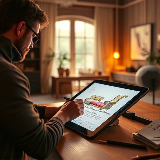 Ilustraäão de um designer trabalhando em um projeto de móvel sob medida em uma mesa digitalizadora.