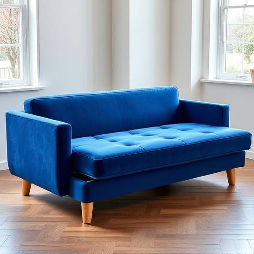 Sofá-cama retrátil com tecido aveludado azul e pés de madeira