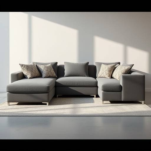 Sof√° modular cinza com chaise longue e almofadas decorativas